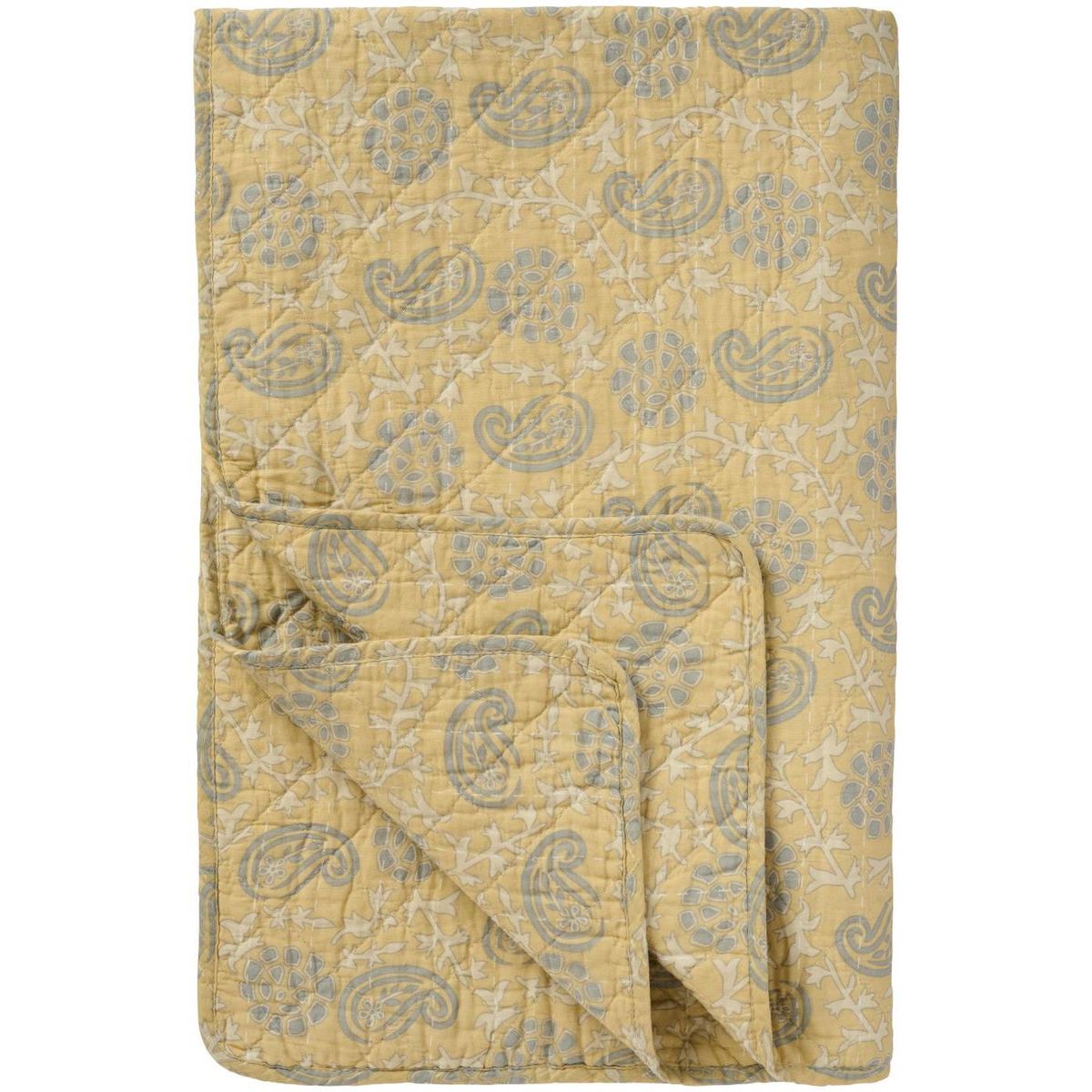 Quiltet teppe - Sart gul med offwhite og grått mønster